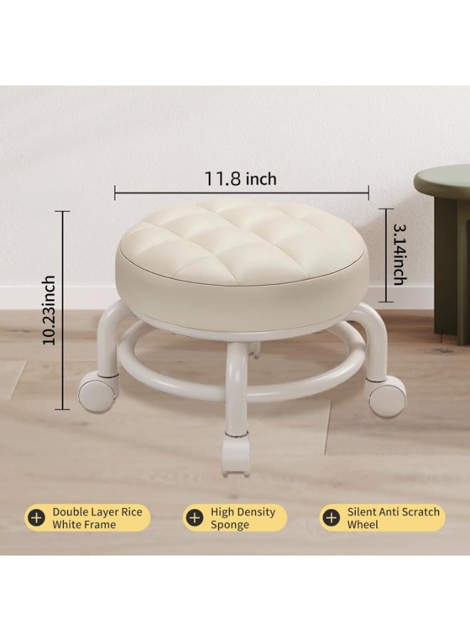 RUCUIAPE Round Rolling Low Stool, PU Leather Low Stool 360° More Comfortable Swivel with Thickened Sponge Cushion for Nail Salon, Pedicure, SPA and Home (White) - Image 2