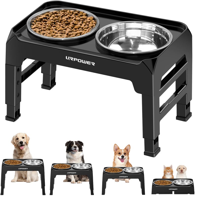 URPOWER 4 Height Adjustable Elevated Dog Bowls - 50oz Large Capacity Stainless Steel Bowls, No-Spill Edge, Non-Slip Stand for Small, Medium, Large Dogs & Pets - Image 1