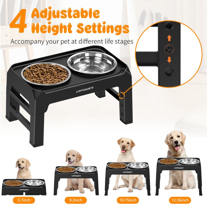 URPOWER 4 Height Adjustable Elevated Dog Bowls - 50oz Large Capacity Stainless Steel Bowls, No-Spill Edge, Non-Slip Stand for Small, Medium, Large Dogs & Pets - Image 2