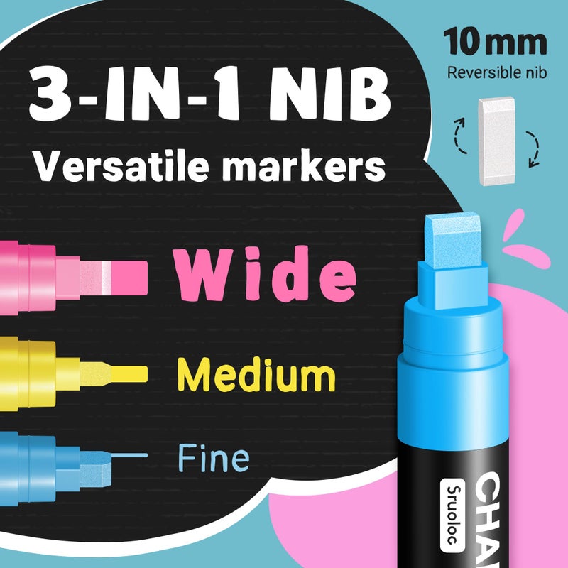 SRUOLOC Window Chalk Markers for Glass Washable, 10 Colors Jumbo Liquid Chalk Marker with 10mm 3 in 1 Nib Thick Wide Tips, Big Chalkboard Markers, Car Paint Pen for Auto, Bistro, Mirror, Poster, Blackboards - Image 2