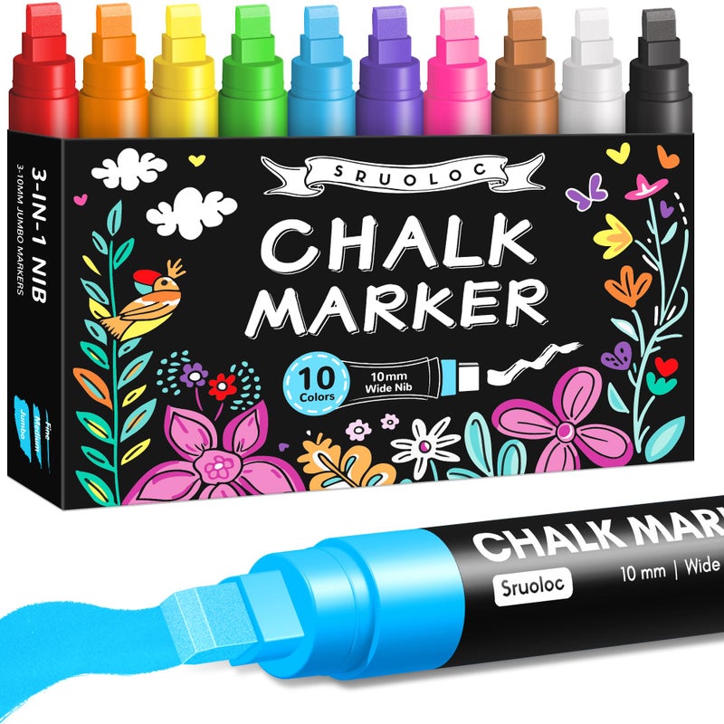 SRUOLOC Window Chalk Markers for Glass Washable, 10 Colors Jumbo Liquid Chalk Marker with 10mm 3 in 1 Nib Thick Wide Tips, Big Chalkboard Markers, Car Paint Pen for Auto, Bistro, Mirror, Poster, Blackboards - Image 1