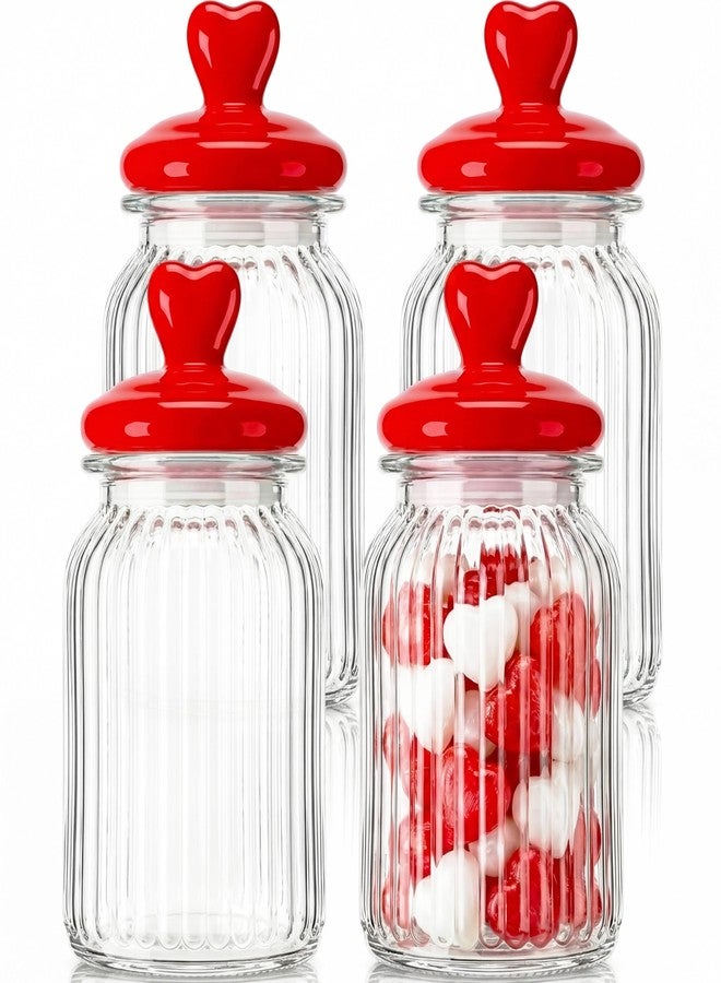 Potchen 4 Sets 32oz Glass Jars with Heart Lids Airtight Clear Candy Jar Food Storage Canister with Airtight Lid for Valentine's Day Party Tea Cookie Table Decoration(Red Lid) - Image 1