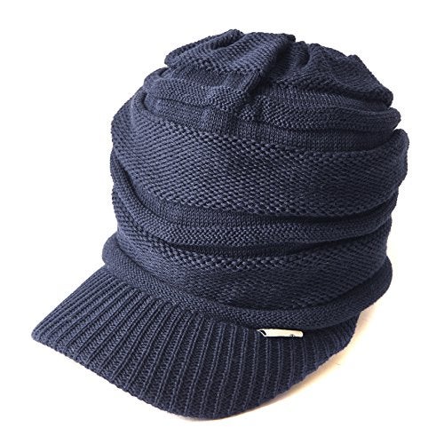 CHARM Mens Brimmed Knit Beanie - Womens Summer Slouchy Beanie Visor Hat Winter Slouch Knit Hats Warm Baggy Caps Navy - Image 1