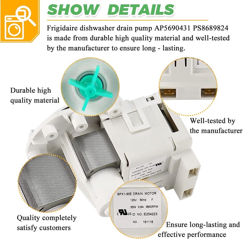 Techecook A00126401 AP5690431 bpx1-90e Dishwasher Drain Pump by - Fit for Frigidaire Kenmore Dishwasher - Replacement Part 5304492415 bpx1-90e 154736201 PS8689824 AP5690431 - Image 2