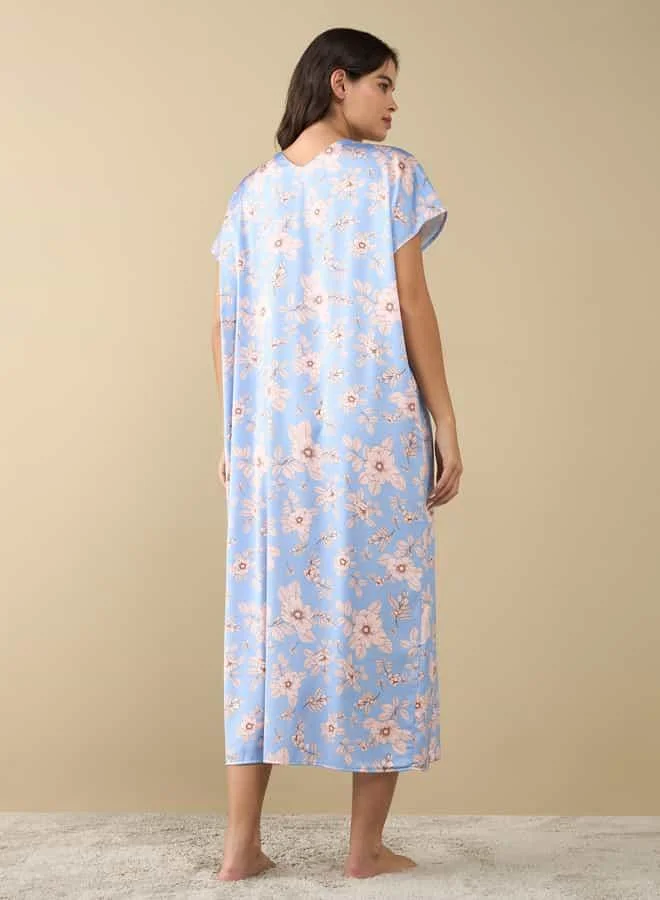 Splash FAV All-Over Floral Print Night Gown with Short Sleeves