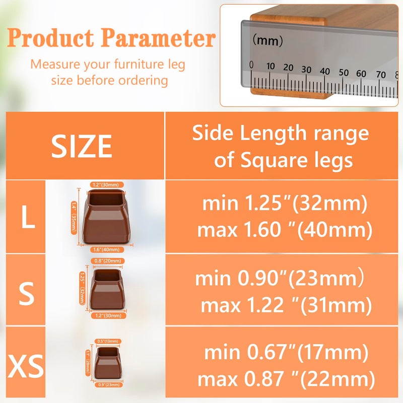 BAIPOK 36Pcs Chair Leg Floor Protectors, Square Silicone Chair Leg Protectors for Hardwood Floors, Felt Furniture Pads Chair Sliders, Chair Leg Covers, Reduce Noise & No Scratch, Brown, Large - Image 2