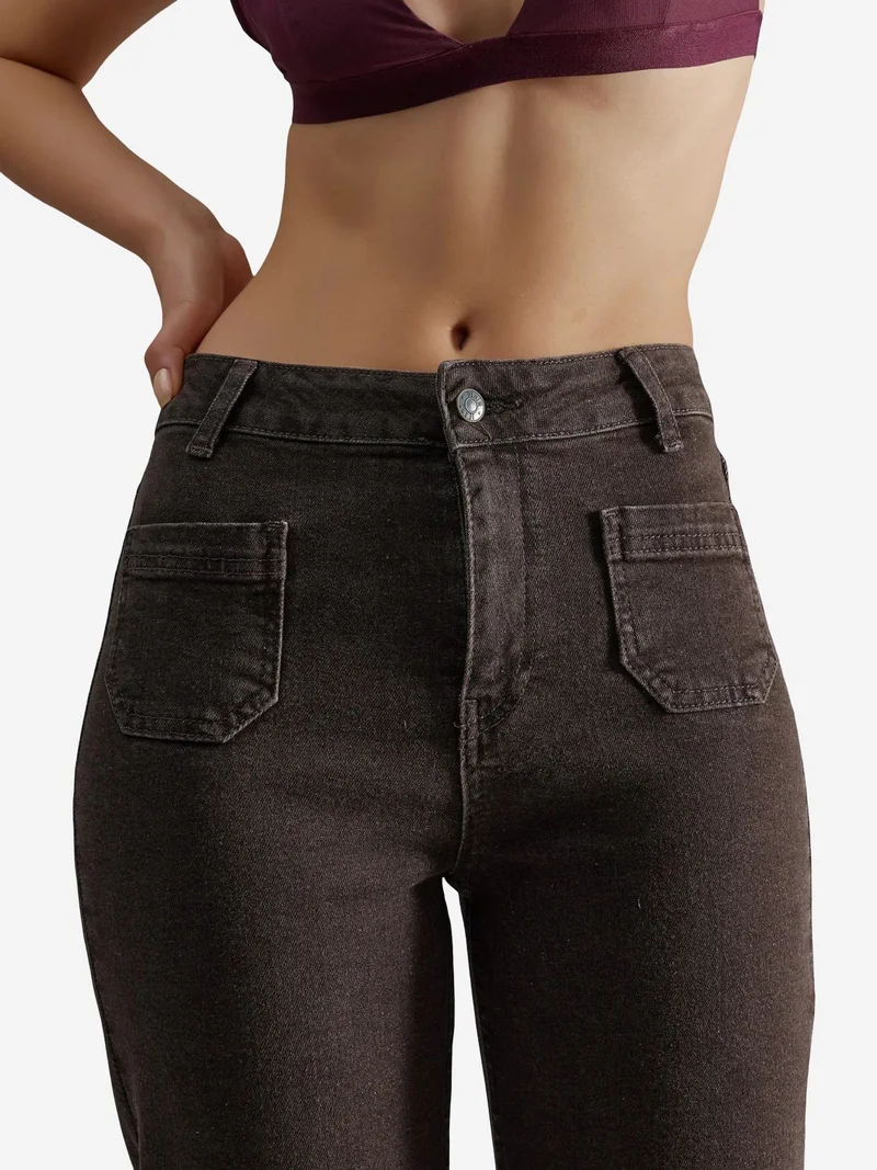 Hiccup Coffee Brown High Waist Flare Jeans for Women | Best Price UAE