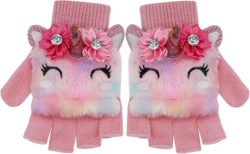 Newfancy Kids Unicorn Flip Top Gloves with Mitten Cover Knitted Winter Fingerless Convertible Mittens for Boy Girls Toddler - Image 1