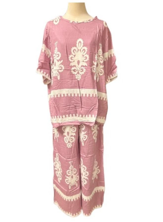 2pc Linen Printed Co-Ord Set for Women - Lightweight and Breathable Outfit - Casual Summer Top and Wide Leg Pants Fit Medium to Large  - Image 1