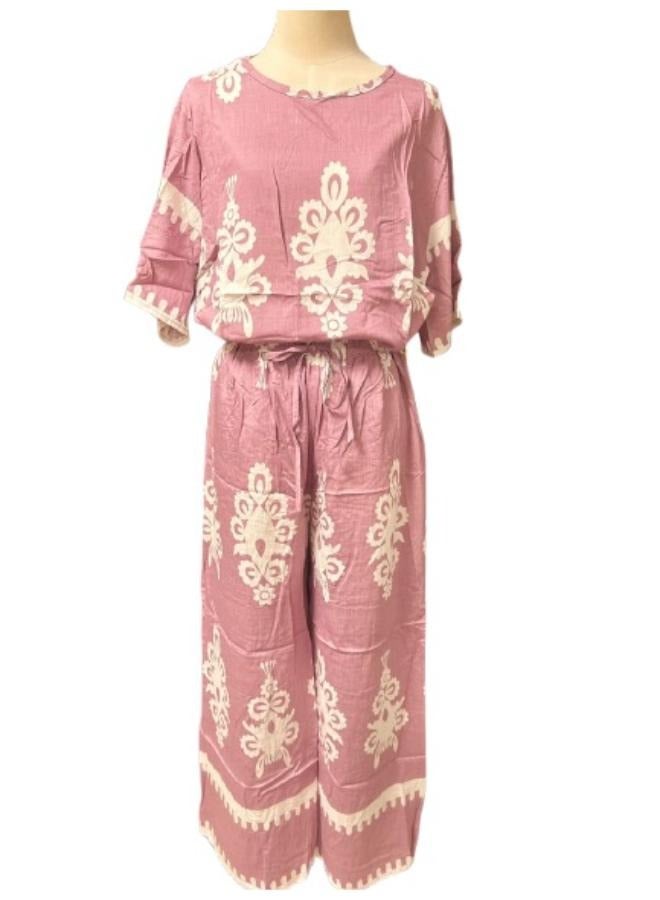 2pc Linen Printed Co-Ord Set for Women - Lightweight and Breathable Outfit - Casual Summer Top and Wide Leg Pants Fit Medium to Large  - Image 4