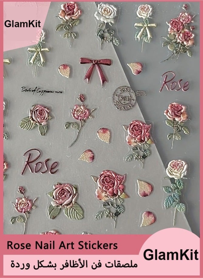 GlamKit 5 Sheets Vintage Rose Nail Stickers, 3D Floral Nail Art Decals, Self-Adhesive Manicure Stickers for Women & Girls, Elegant DIY Nail Accessories - Image 1