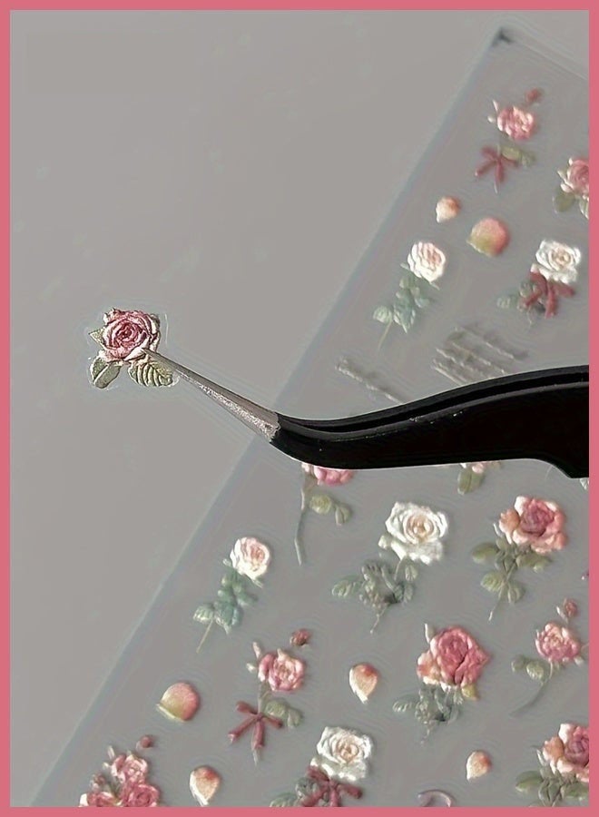 GlamKit 5 Sheets Vintage Rose Nail Stickers, 3D Floral Nail Art Decals, Self-Adhesive Manicure Stickers for Women & Girls, Elegant DIY Nail Accessories - Image 3