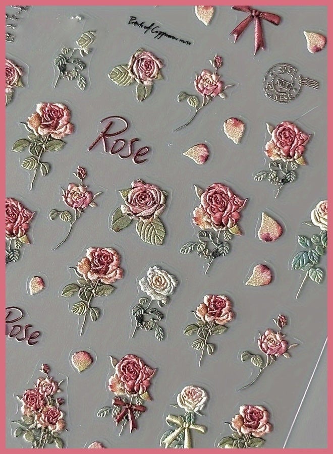 GlamKit 5 Sheets Vintage Rose Nail Stickers, 3D Floral Nail Art Decals, Self-Adhesive Manicure Stickers for Women & Girls, Elegant DIY Nail Accessories - Image 4