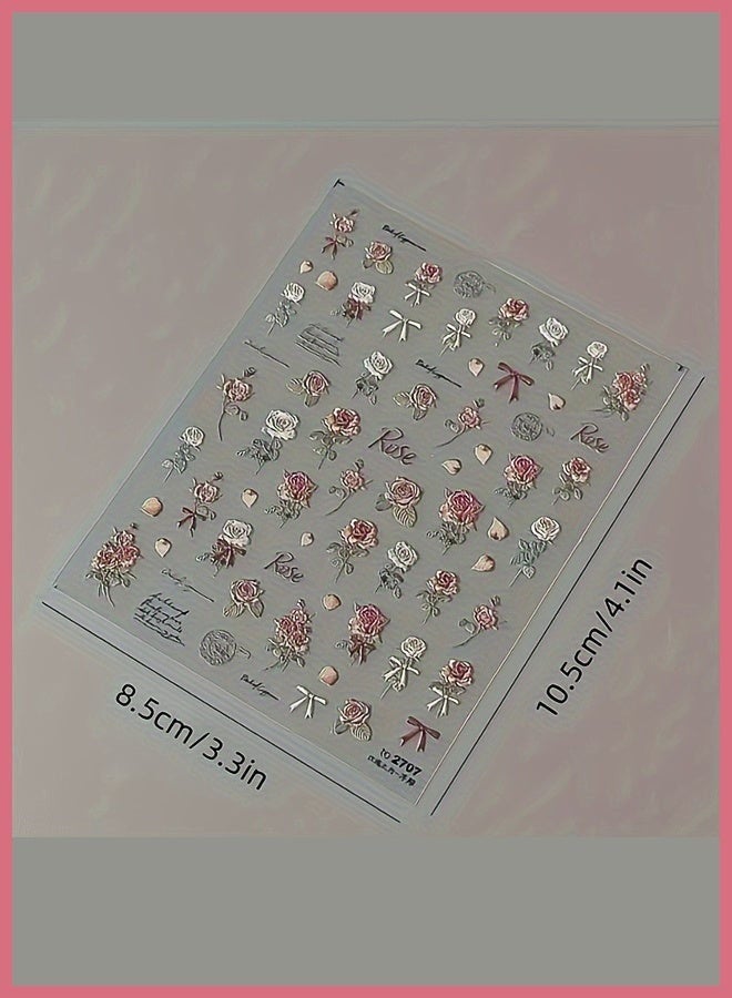 GlamKit 5 Sheets Vintage Rose Nail Stickers, 3D Floral Nail Art Decals, Self-Adhesive Manicure Stickers for Women & Girls, Elegant DIY Nail Accessories - Image 5