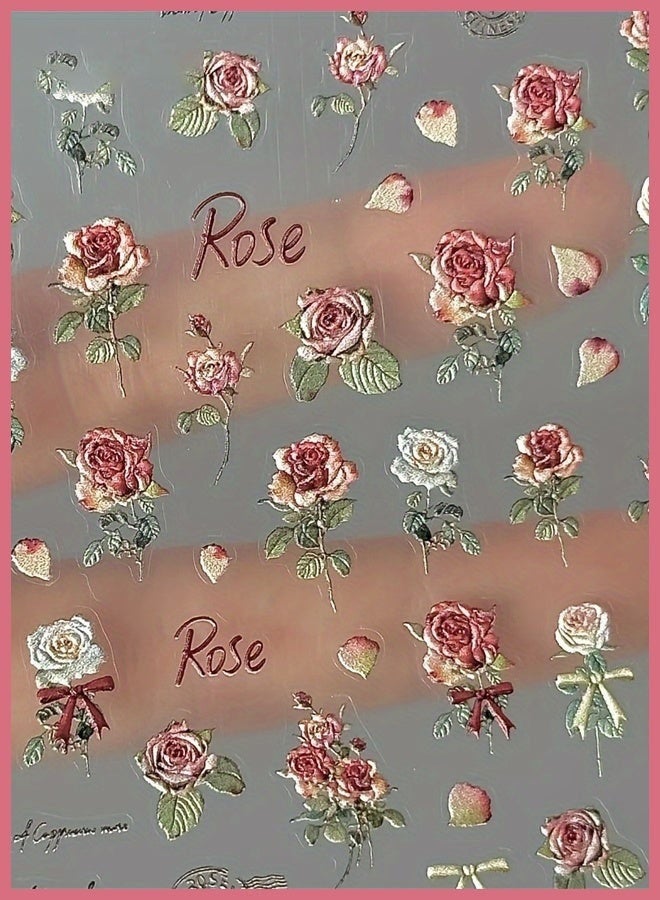 GlamKit 5 Sheets Vintage Rose Nail Stickers, 3D Floral Nail Art Decals, Self-Adhesive Manicure Stickers for Women & Girls, Elegant DIY Nail Accessories - Image 2