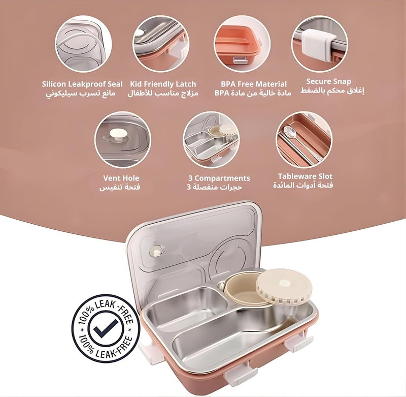 BrainGiggles 3-Compartment Thermal Lunchbox with Removable Inner Tray - Insulated, Leak Proof Bento Box Multifunctional Air Tight Food Container for Kids & Adults for Kids & Adults (Pink) - Image 3