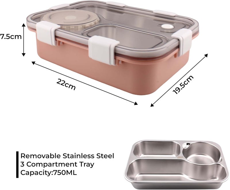 BrainGiggles 3-Compartment Thermal Lunchbox with Removable Inner Tray - Insulated, Leak Proof Bento Box Multifunctional Air Tight Food Container for Kids & Adults for Kids & Adults (Pink) - Image 5