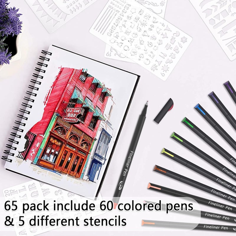 Tebik 65 Pack Planner Colored Pens, 60 Assorted Colors Drawing Pens with 5 Different Stencils, Perfect for Dotted Journal Planner Writing Note Calendar Coloring Office School Supplies - Image 2