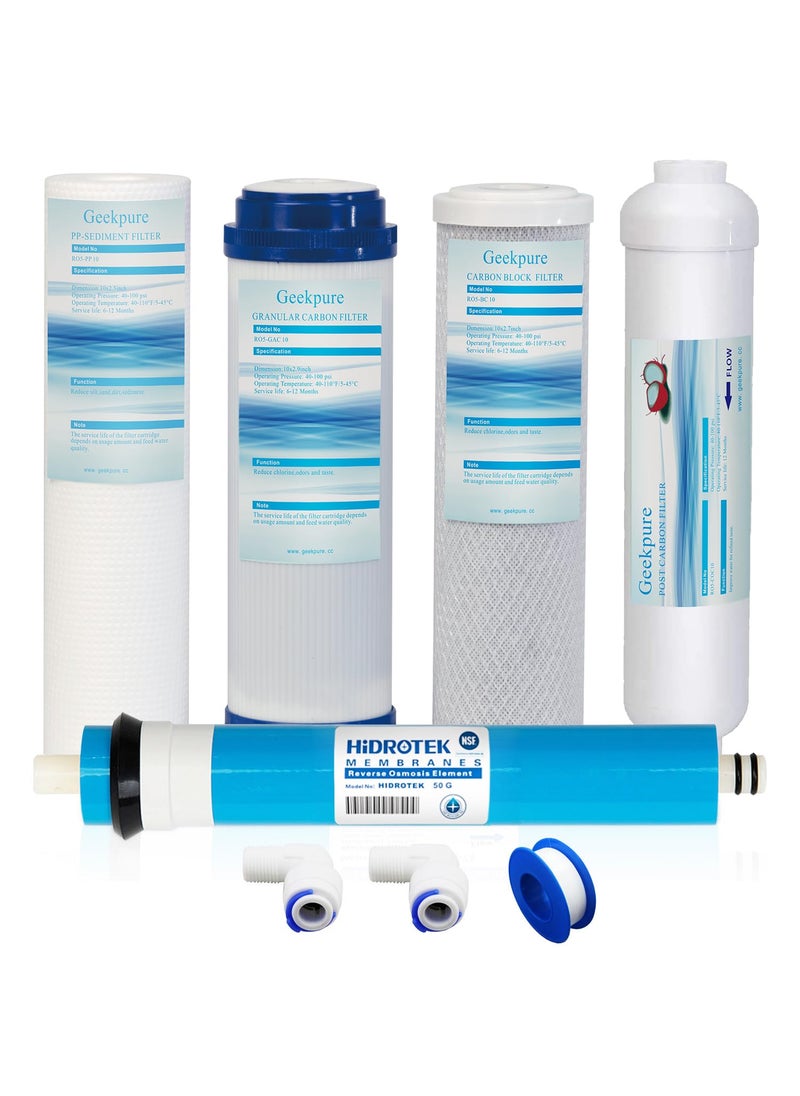 Geekpure Geekpure 5 Stage Reverse Osmosis Replacement Filter Set with 50 GPD Membrane Standard 10 Inch 