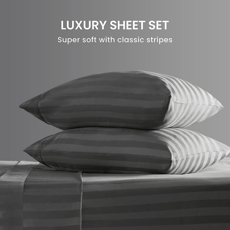 New LEAFPremium Cotton Solid/Stripe King Bedsheet with 2 King Size Pillow Covers | Double Bed with 210 TC Pure Cotton | Size - King Size 90x100 inches - Grey - Image 2
