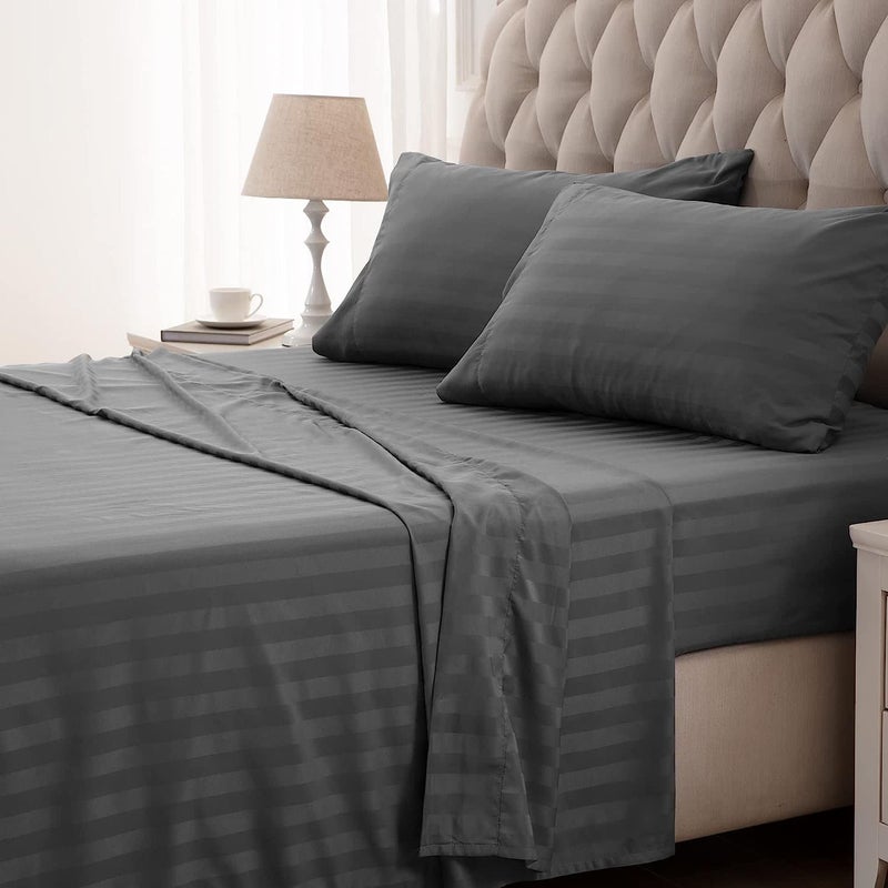 New LEAFPremium Cotton Solid/Stripe King Bedsheet with 2 King Size Pillow Covers | Double Bed with 210 TC Pure Cotton | Size - King Size 90x100 inches - Grey - Image 1
