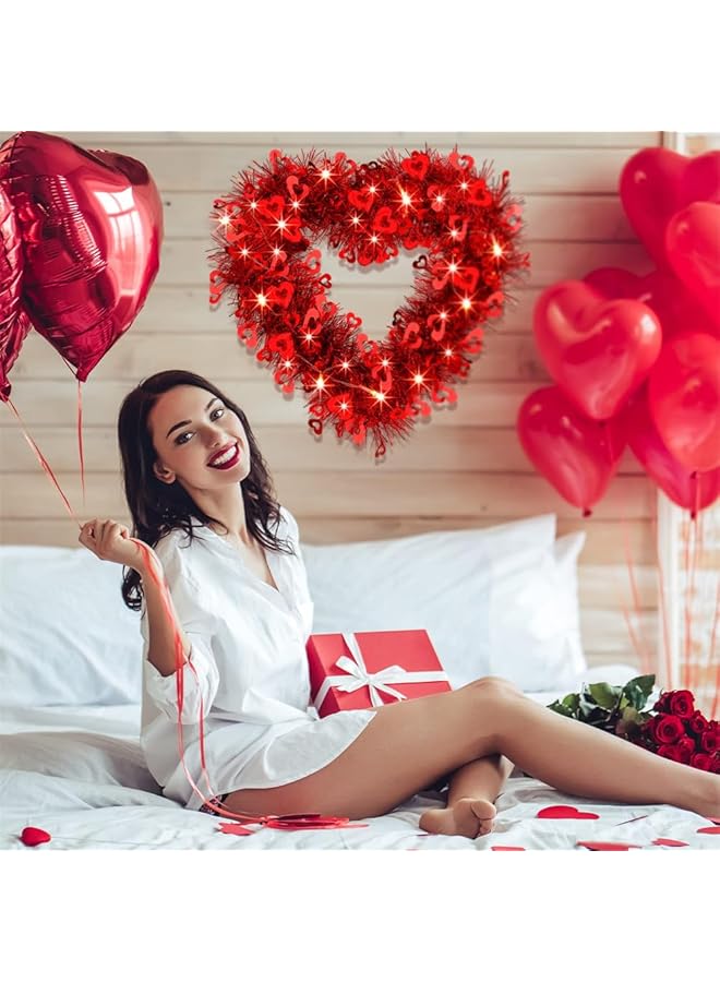 إيروريكس إكليل على شكل قلب مكون من قطعتين مصنوع يدويًا من الزهور الصناعية المزخرفة لعيد الحب، إكليل على شكل قلب أحمر مع أضواء LED لتزيين الباب الأمامي وحفلات الخطوبة وعروض الزفاف - Image 5