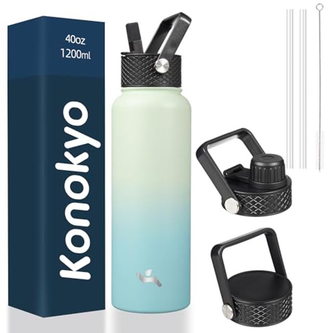 Konokyo 40oz Insulated Water Bottle Stainless Steel Sport Bottles with 3 Lids,Mint - Image 1