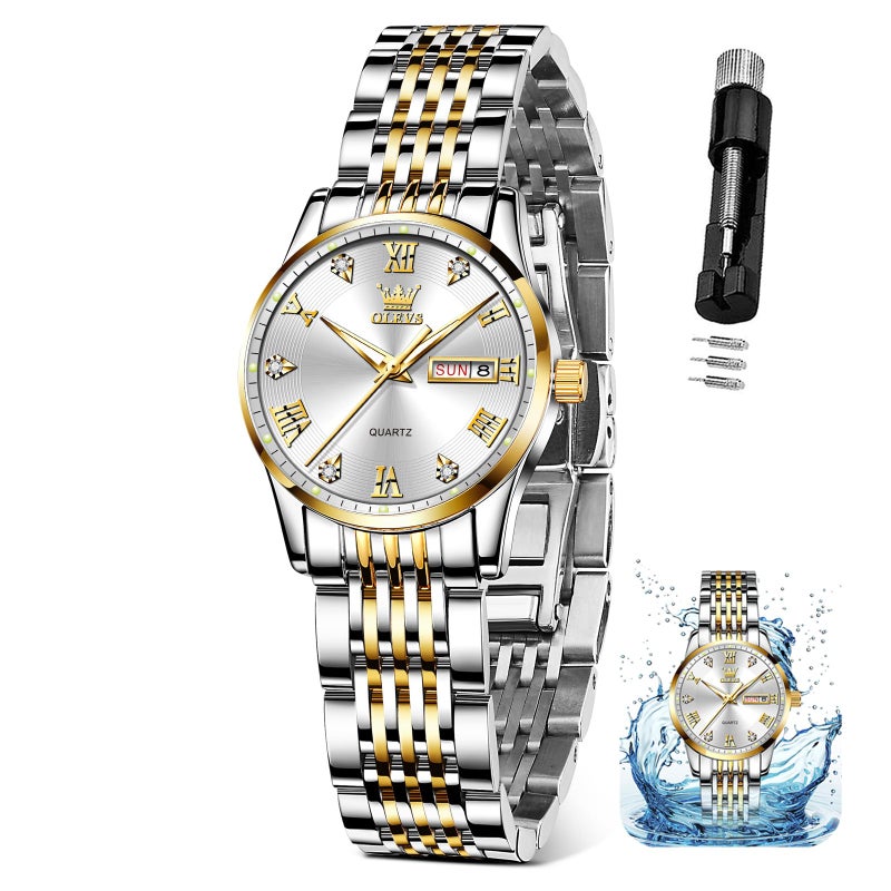 OLEVS Womens Watches Silver Gold Ladies Watches for Women Fashion Small Wrist Two Tone Female Watch with Date Elegant Stainless Steel Waterproof Diamond Dress Analog Quartz Bracelet Reloj para Mujer - Image 1