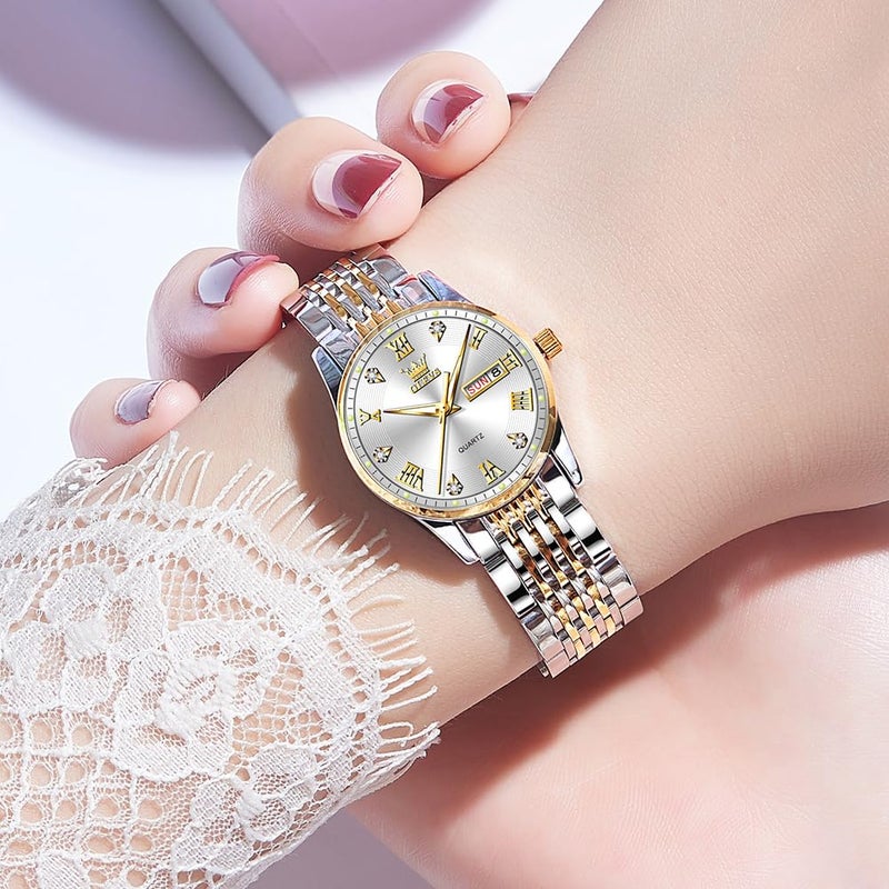 OLEVS Womens Watches Silver Gold Ladies Watches for Women Fashion Small Wrist Two Tone Female Watch with Date Elegant Stainless Steel Waterproof Diamond Dress Analog Quartz Bracelet Reloj para Mujer - Image 2