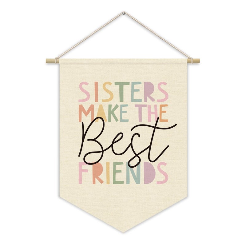 XYDEG Girls Room Wall Art Decor,Toddler Girl Room Cute Pink Nursery Bedroom Playroom Canvas Banner Decorations,Sisters Make The Best Friends Wall Hanging Pennant Flag Banner - Image 1
