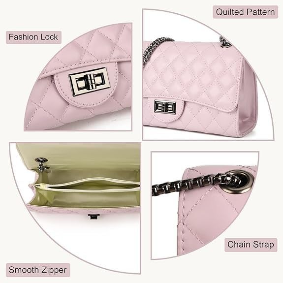 KRIFTY Quilted Crossbody Handbag with Chain Strap, Diamond Pattern, Metal Turn Lock For Women's/Girls (Purple) - Image 4
