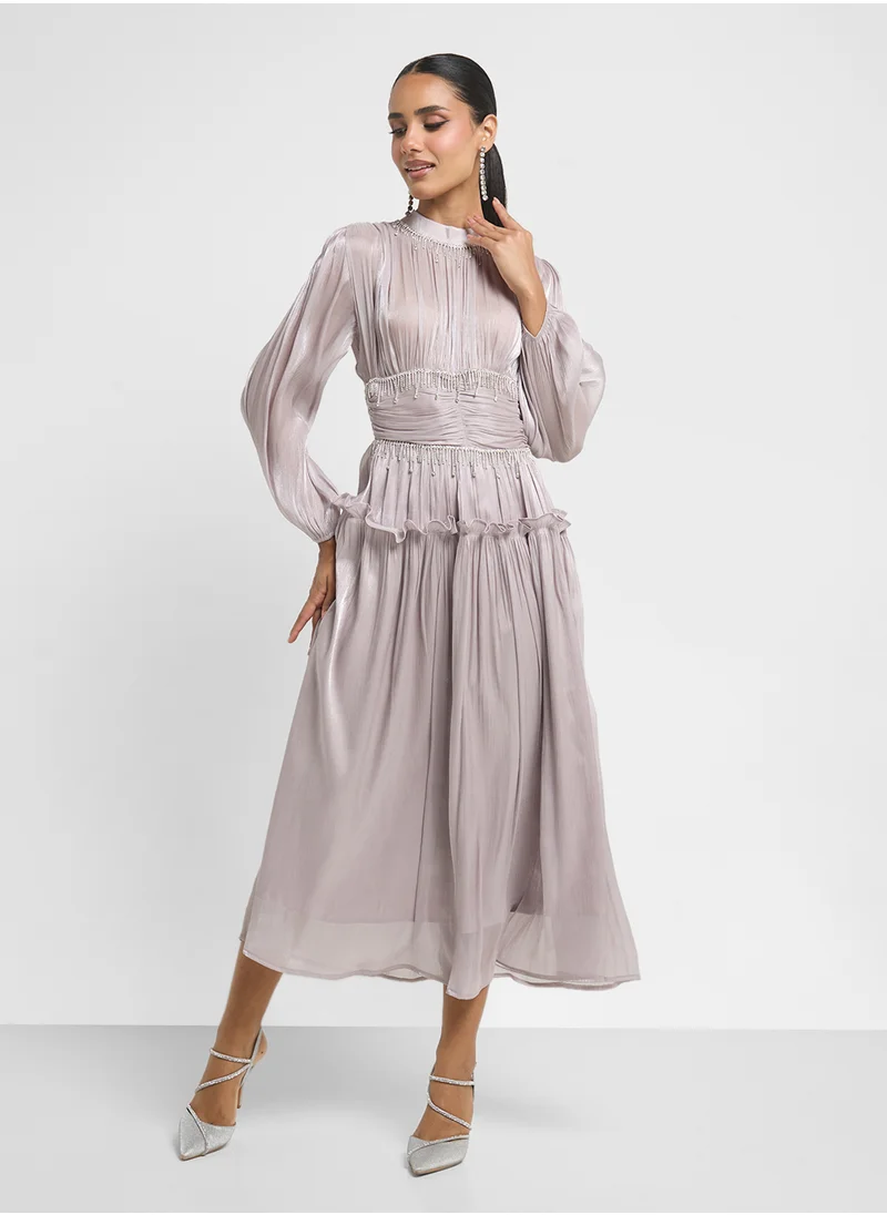 Khizana Ruched Dress With Embellished Waist