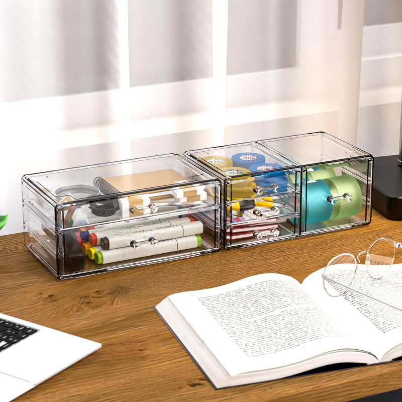 Cq acrylic 2 Pack Clear Desk Organizer With Drawers,Stackable 6 Drawers Skincare Organizer,Cute Skin Care Organizers for Vanity Hair Clip,Jewelry,Beauty Product Desk and Makeup Organizers Countertop - Image 4