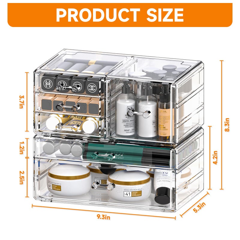 Cq acrylic 2 Pack Clear Desk Organizer With Drawers,Stackable 6 Drawers Skincare Organizer,Cute Skin Care Organizers for Vanity Hair Clip,Jewelry,Beauty Product Desk and Makeup Organizers Countertop - Image 2