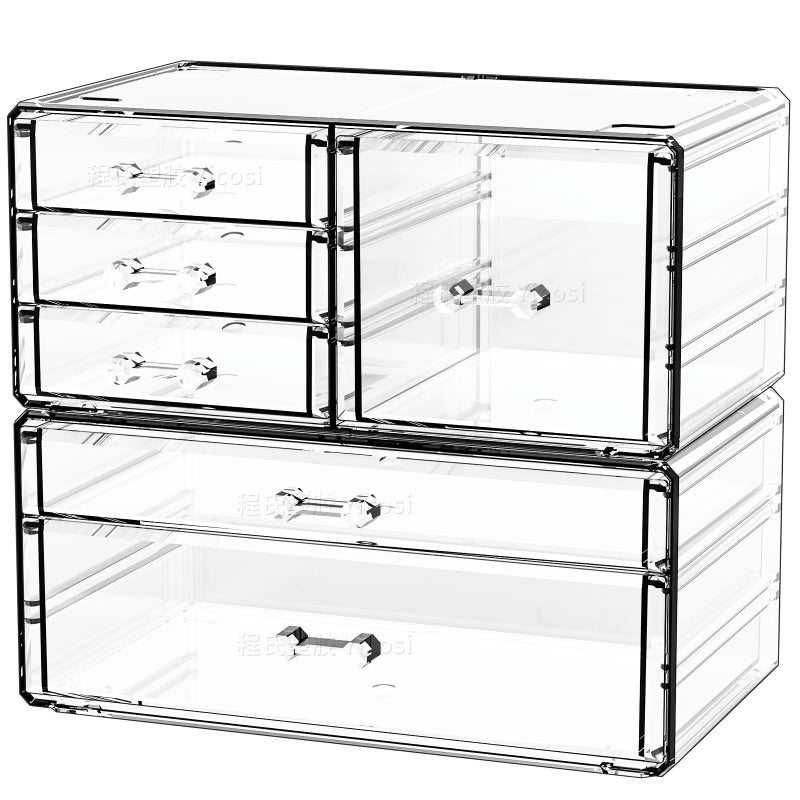 Cq acrylic 2 Pack Clear Desk Organizer With Drawers,Stackable 6 Drawers Skincare Organizer,Cute Skin Care Organizers for Vanity Hair Clip,Jewelry,Beauty Product Desk and Makeup Organizers Countertop - Image 1