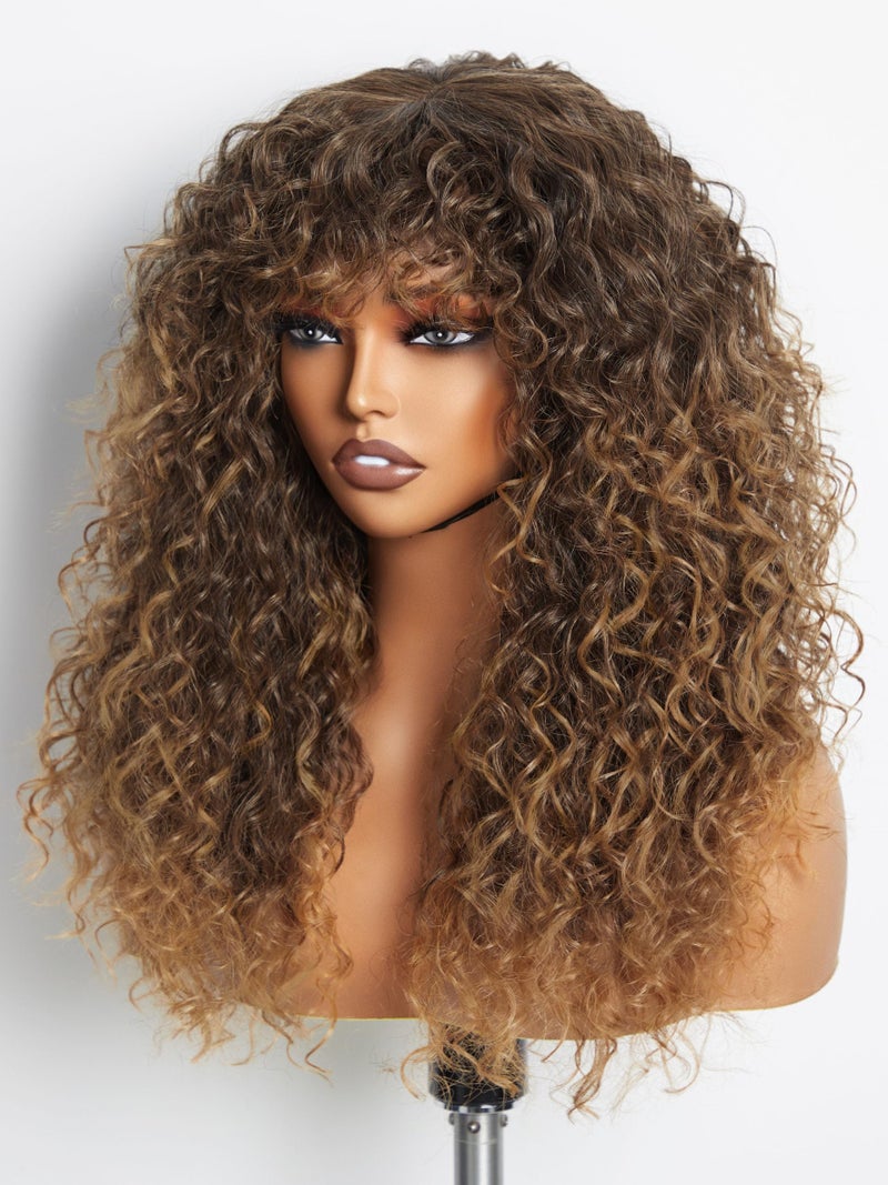 GORGIUS Veralux Blend Shaggy Haircuts Ombre Curly Wig with Bangs Honey Colored Wig Crafted with Style-Archive Technology: Premium Fiber & Remy Human Hair Blended, Realistic Look with True Scalp - Image 1