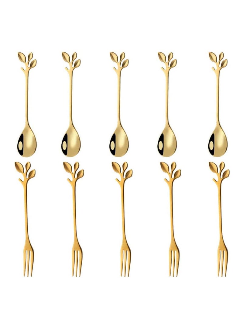 KASTWAVE ملعقة قهوة من الفولاذ المقاوم للصدأ مع ورقة ذهبية، شوكة مقبلات، أدوات مائدة مبتكرة، ملاعق حلوى، خلط، سكر، تحريك، آيس كريم، فاكهة، كعكة، مجموعة ملاعق شاي 10 قطع - Image 1