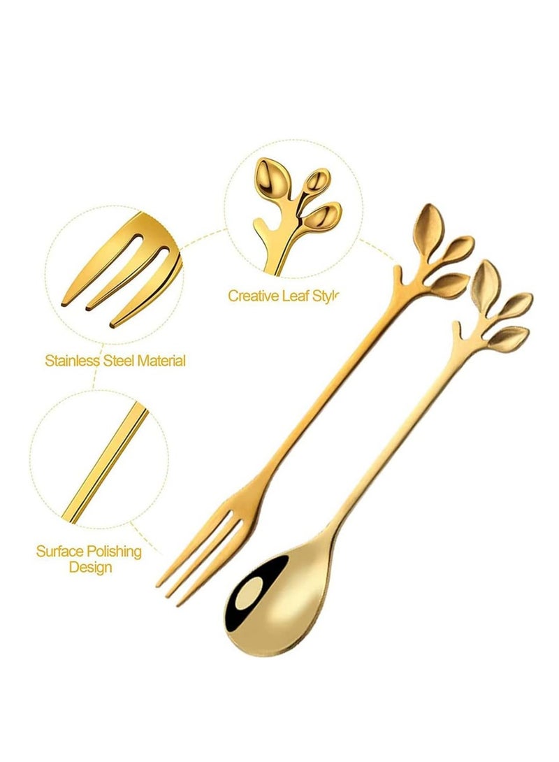 KASTWAVE ملعقة قهوة من الفولاذ المقاوم للصدأ مع ورقة ذهبية، شوكة مقبلات، أدوات مائدة مبتكرة، ملاعق حلوى، خلط، سكر، تحريك، آيس كريم، فاكهة، كعكة، مجموعة ملاعق شاي 10 قطع - Image 5