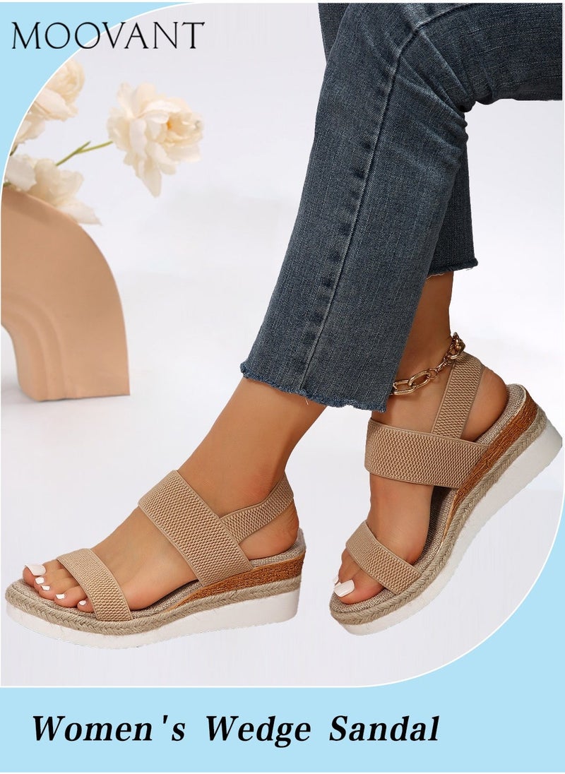 Moovant Women's Open Toe Wedge Sandals, Comfortable Platform Sandals, Espadrilles Ankle Strap Buckle Elastic Shoelaces Cork Summer Casual Sandals for Women, Khaki  - Image 1