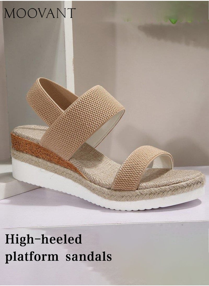 Moovant Women's Open Toe Wedge Sandals, Comfortable Platform Sandals, Espadrilles Ankle Strap Buckle Elastic Shoelaces Cork Summer Casual Sandals for Women, Khaki  - Image 2