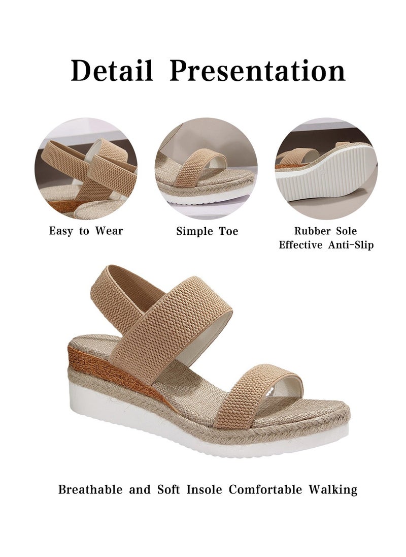 Moovant Women's Open Toe Wedge Sandals, Comfortable Platform Sandals, Espadrilles Ankle Strap Buckle Elastic Shoelaces Cork Summer Casual Sandals for Women, Khaki  - Image 5