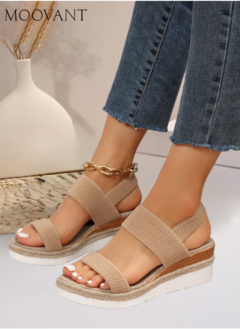 Moovant Women's Open Toe Wedge Sandals, Comfortable Platform Sandals, Espadrilles Ankle Strap Buckle Elastic Shoelaces Cork Summer Casual Sandals for Women, Khaki  - Image 3