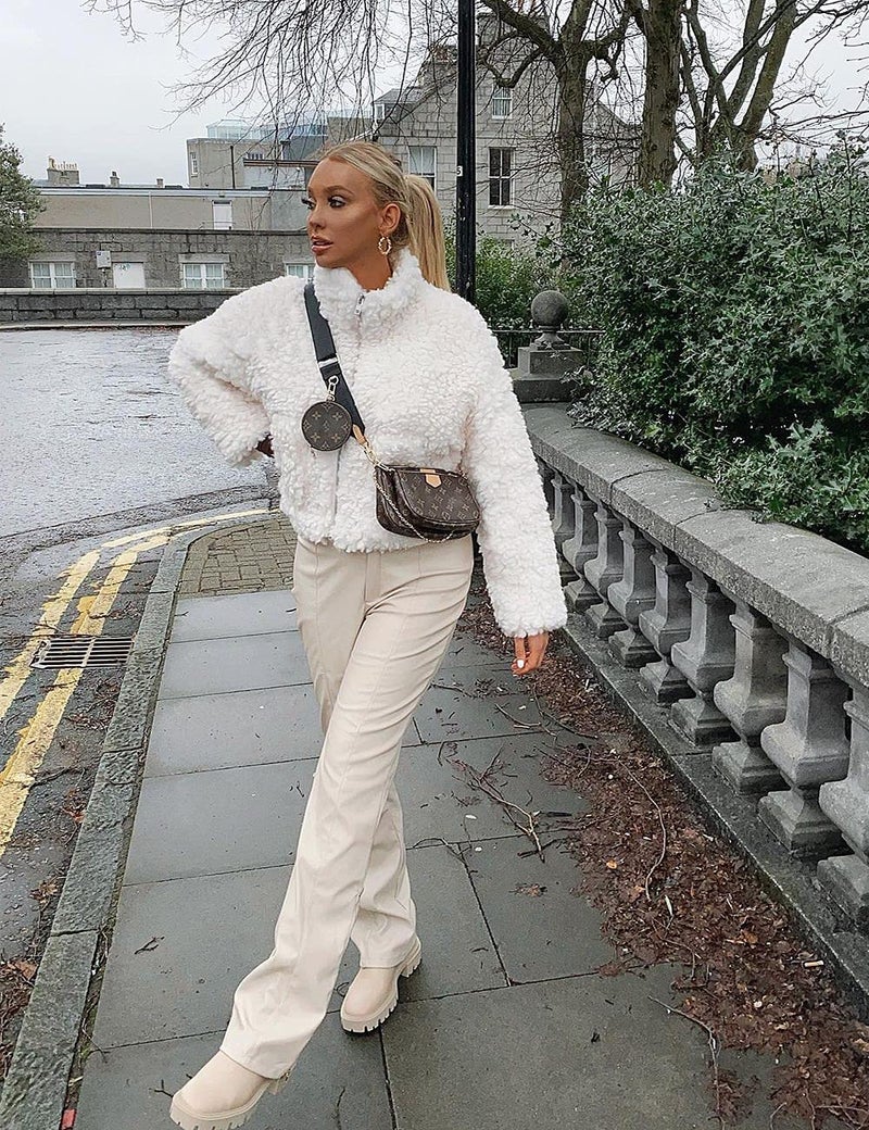 JIKAL Oversized White Fur Coat Long Sleeve Boucle Zip Up Snug Shearling Teddy Faux Fur Jacket with Pockets for Women - Image 2