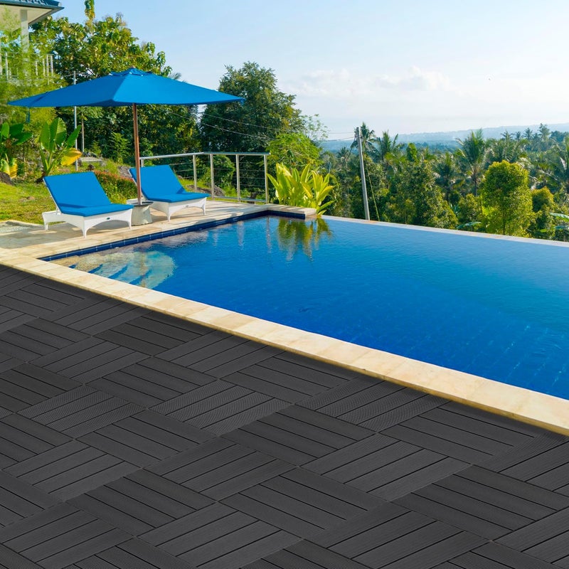 9 PCS 23.4 lb Heavy-Duty & Recyclable Wood-Plastic DIY Interlocking Deck Tiles 12" x 12" - Outdoor and Indoor Flooring for Patio, Balcony, Porch, Backyard, Bedroom (Black) - Image 2