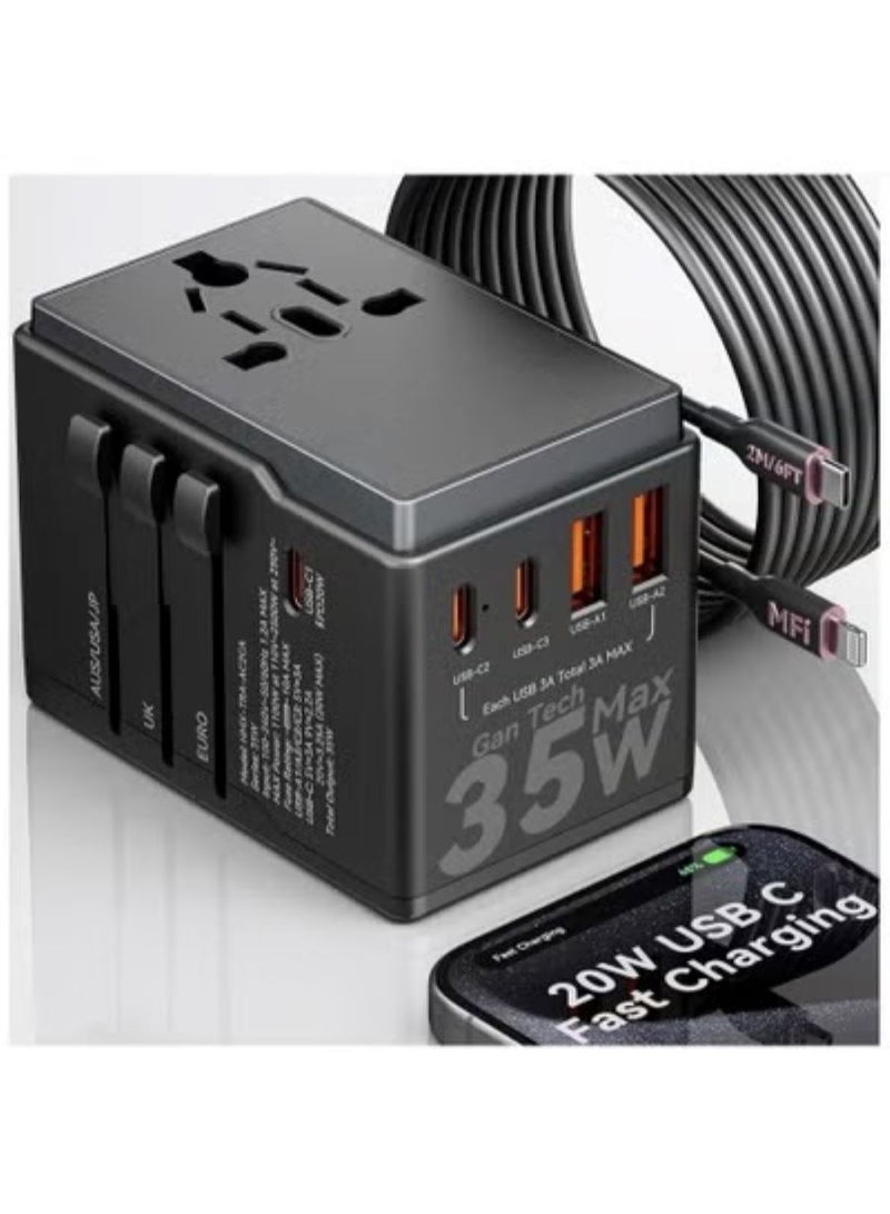 35W Universal Travel Adapter, Travel Adapter, International Travel Power Adapter USB-C, iPhone Fast Charging Travel Plug Adapter with 2M/6FT USBC to Lightning Cable - Image 1