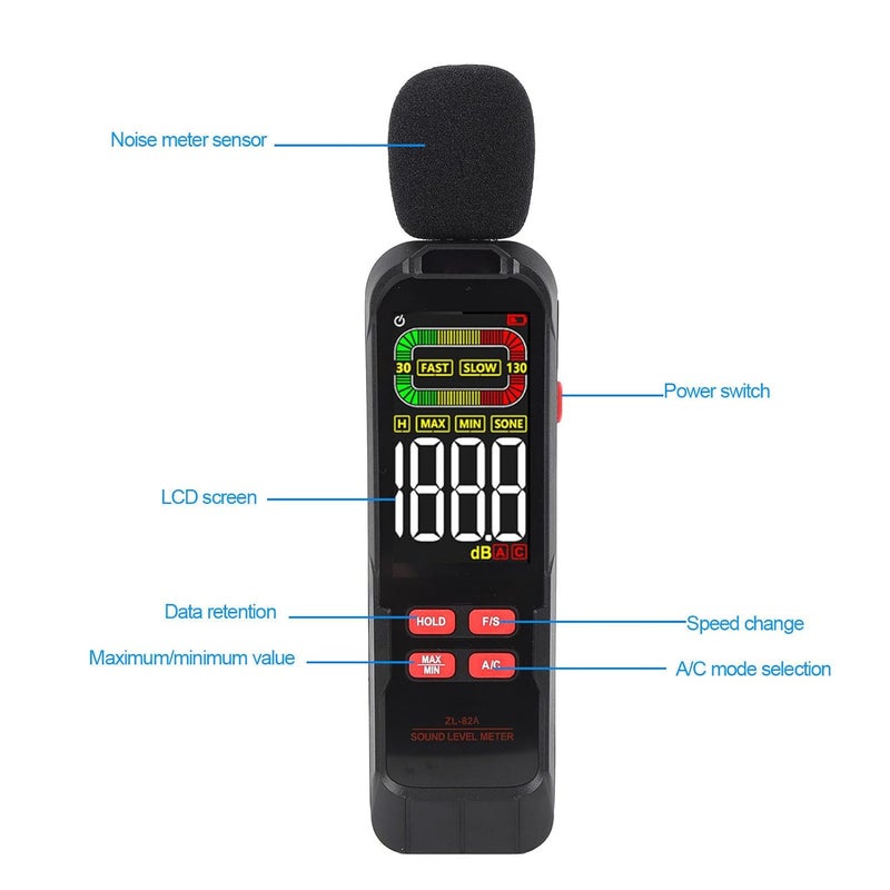 كاشف ديسيبل الضوضاء، ZL-82A مقياس مستوى الصوت بترجيح A/C، مقياس ضوضاء بشاشة LCD - Image 4