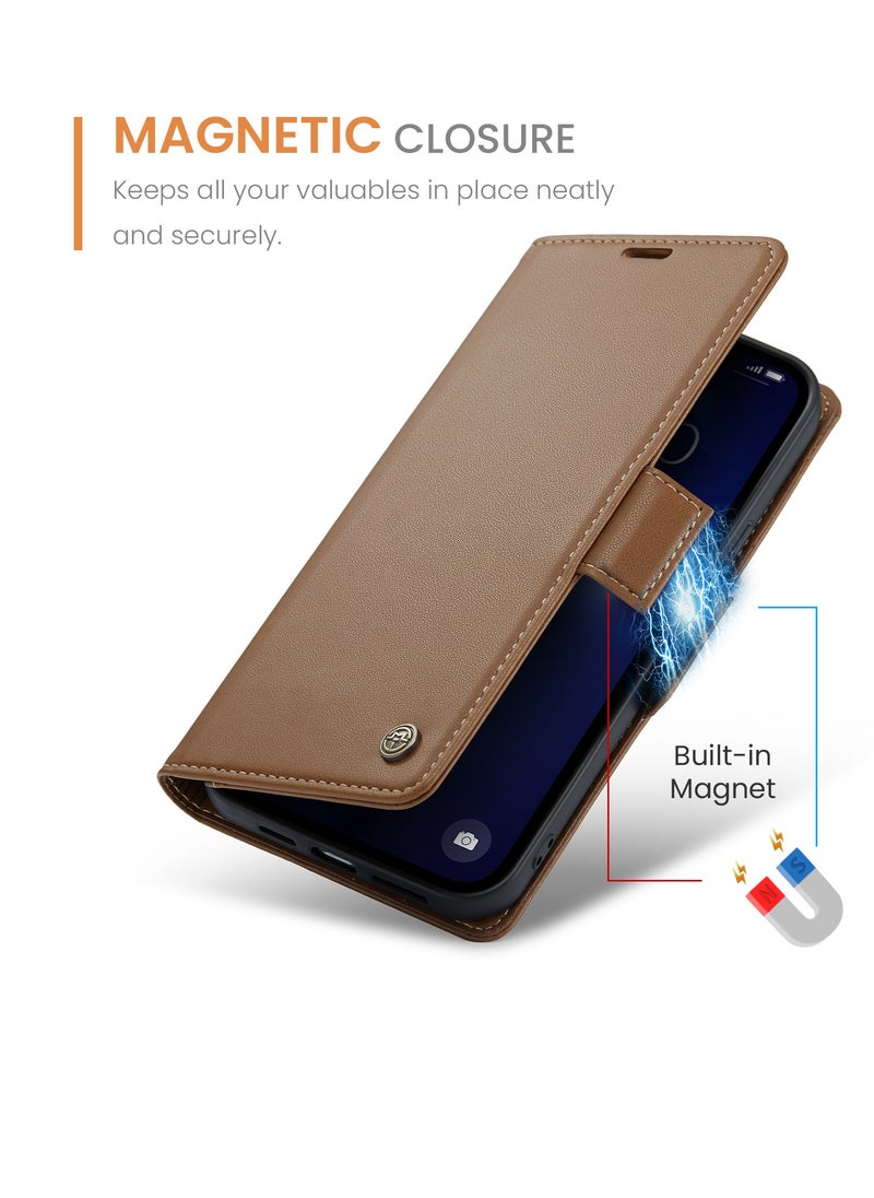 CaseMe - Flip Wallet Case For Apple iPhone 13 Pro Max, [RFID Blocking] PU Leather Wallet Flip Folio Case with Card Holder Kickstand Shockproof Phone Cover (Brown) - Image 1