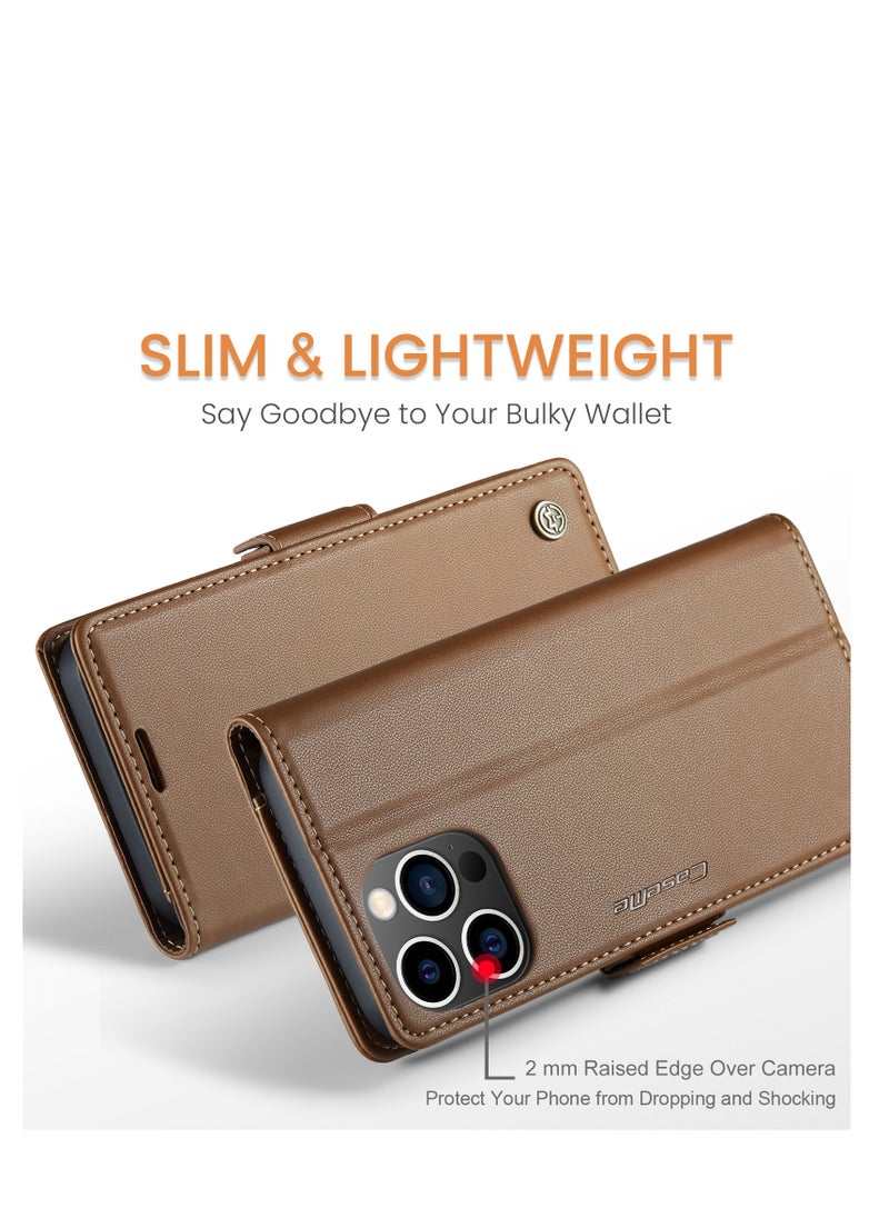 CaseMe - Flip Wallet Case For Apple iPhone 13 Pro Max, [RFID Blocking] PU Leather Wallet Flip Folio Case with Card Holder Kickstand Shockproof Phone Cover (Brown) - Image 1