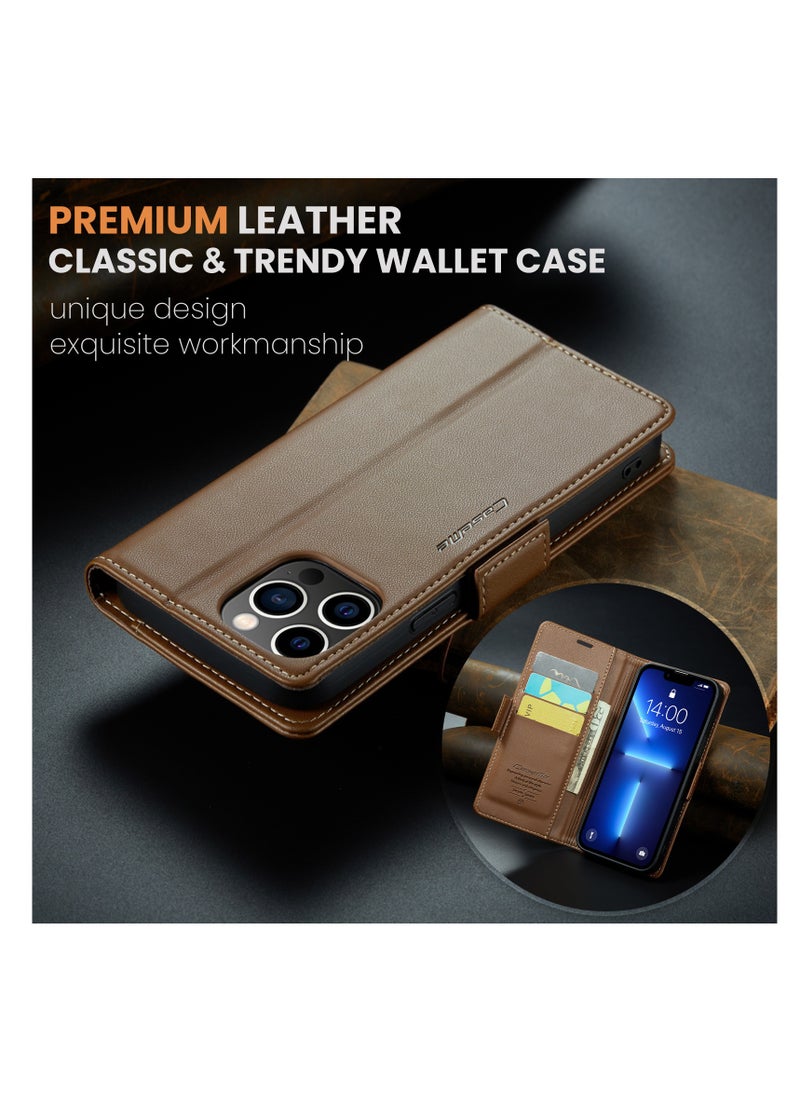 CaseMe - Flip Wallet Case For Apple iPhone 13 Pro Max, [RFID Blocking] PU Leather Wallet Flip Folio Case with Card Holder Kickstand Shockproof Phone Cover (Brown) - Image 1