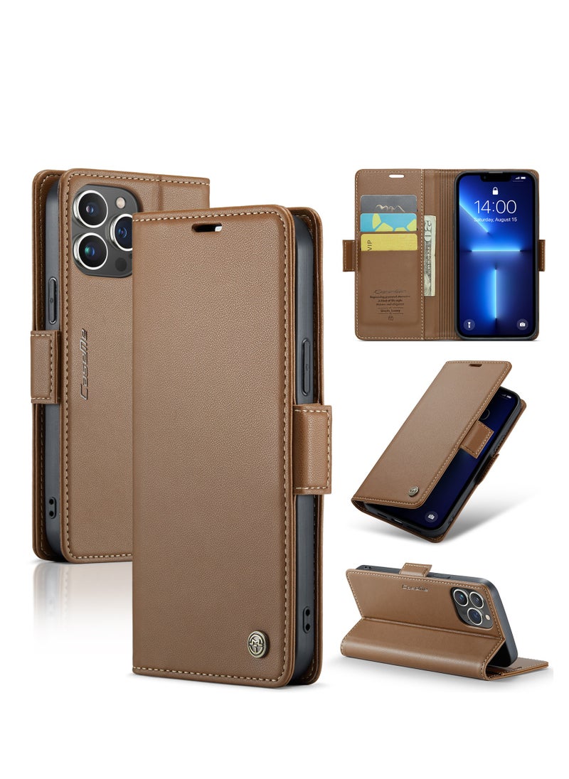 CaseMe - Flip Wallet Case For Apple iPhone 13 Pro Max, [RFID Blocking] PU Leather Wallet Flip Folio Case with Card Holder Kickstand Shockproof Phone Cover (Brown) - Image 1